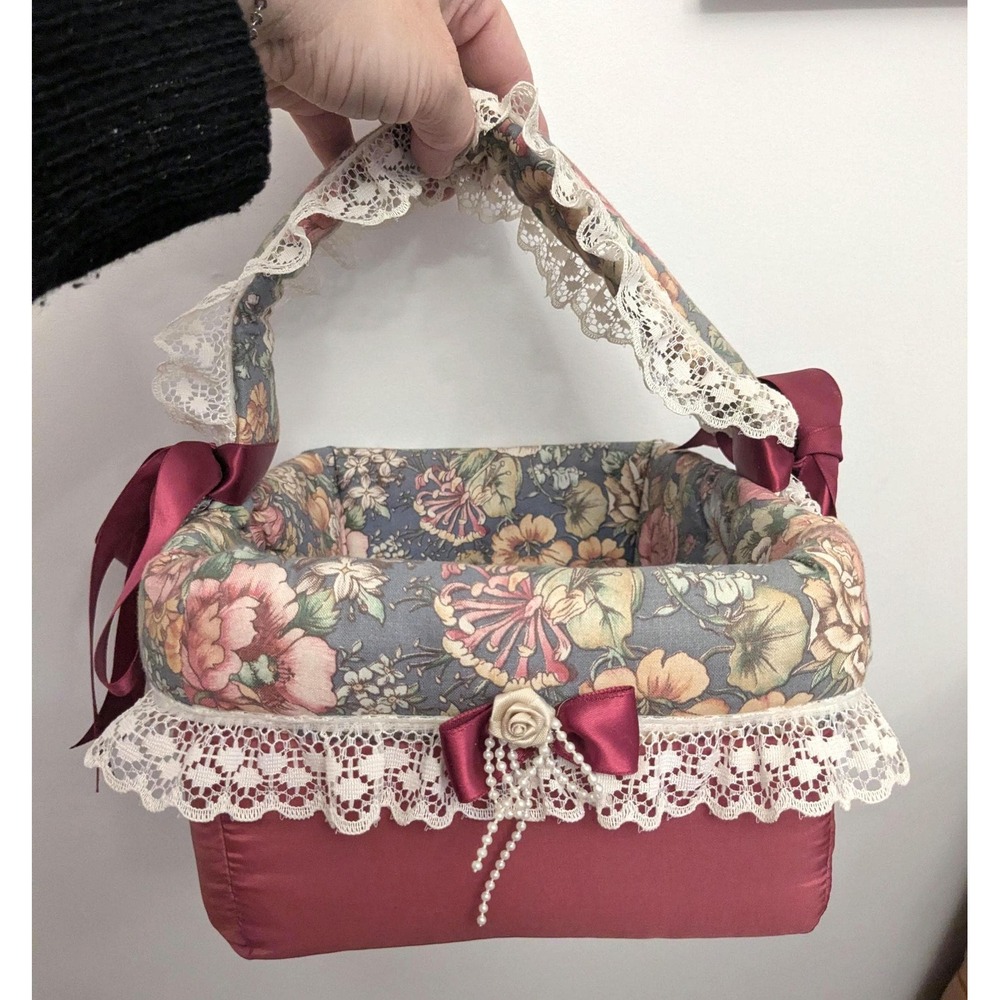 Vintage Cottagecore‎ Fabric Basket with Lace and Ribbon, Romantic
